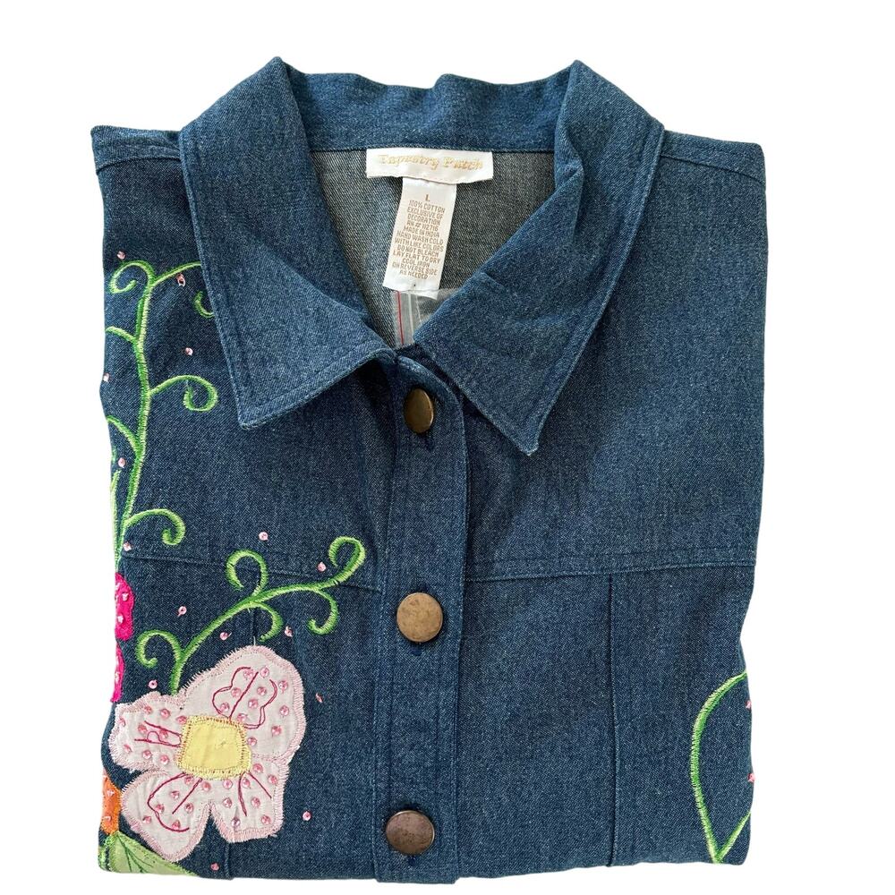 Tapestry Patch Women Shacket Size Large Vintage Cotton Floral Embroidered Denim‎